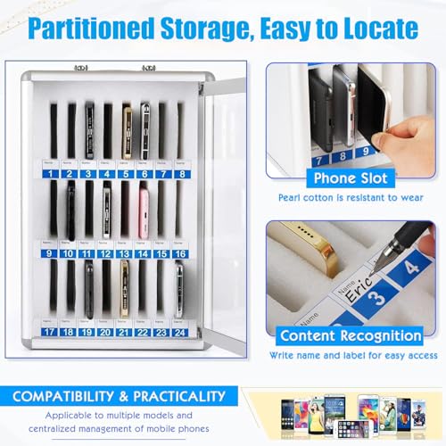 Kensbro Mobile Phone Storage Locker, 24 Compartments, Aluminium, Transparent, Wall Mounted, Portable Storage Locker, Ideal for Classroom, Office, Examination