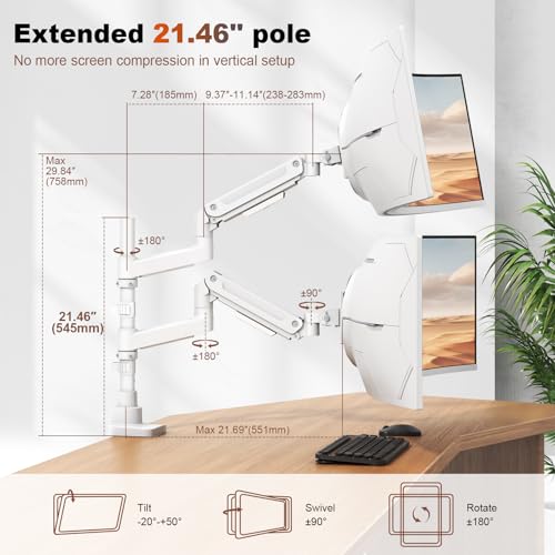 Dual Monitor-Arm Heavy-Duty for 17-49-inch Screens - Vertical Stacked Dual Monitor Mount Stand for Ultrawide Screens up to 44lbs, Aluminum,Full Motion, VESA 75/100 mm, White