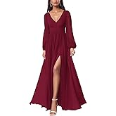 firfig Women Mesh Deep V Neck Open Back Sheer Long Sleeve Slit Leg Bridesmaid Maxi Dress Cocktail Party Wedding Guest Dresses