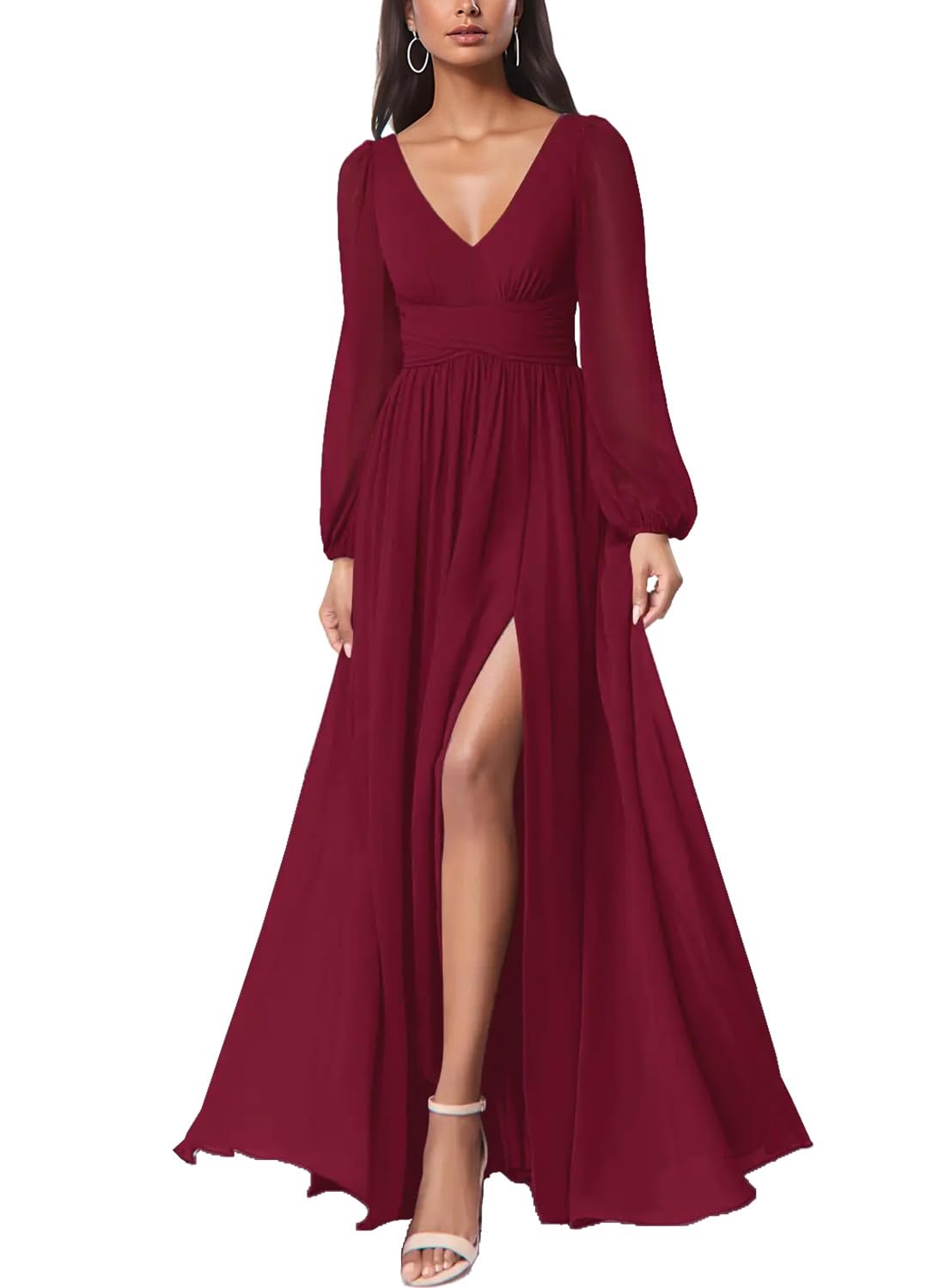Photo 1 of Women Sexy Tie Low Back Long Sleeve Split Maxi Dress Party Cocktail Formal Evening Dresses for Wedding Guest, Wine Red Medium