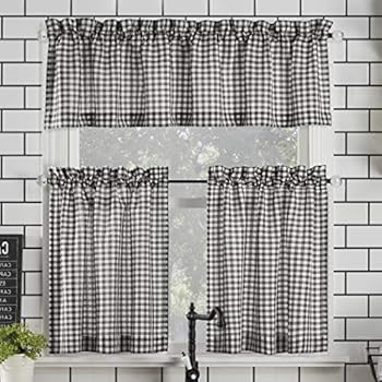 No. 918 Parkham Farmhouse Plaid Semi-Sheer Rod Pocket Kitchen Curtain Valance and Tiers Set, 54