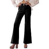 miduo Womens Solid Stretchy Buttons Wide Leg Straight Leg Long Flare Pants Trousers with Pockets