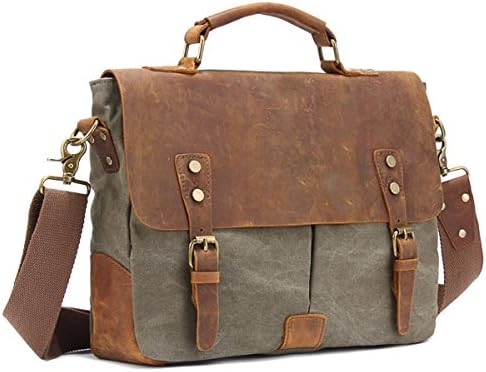 Hanshu Vintage Men's Genuine Leather Briefcase Canvas Multipurpose Messenger Bag