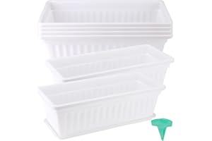 JOIKIT 6 Packs 17 Inch White Plastic Flower Window Boxes Planters with Drainage Holes & Tray, Rectangular Long Vegetable Flower Windowsill Box Planter Pot with Plant Label for Garden Patio Balcony