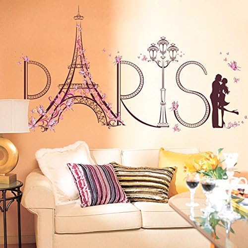 Wallpark Creative Pink Flower Butterfly Paris Eiffel Tower Romantic Kissing Lovers Removable Wall Sticker Decal, Living Room Bedroom Home Decoration Adhesive DIY Art Wall Mural