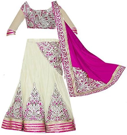 Clickedia Girls Semi-Sticthed Net Lehenga Choli/ Chaniya Choli (Designer Kids_3360 Pink Lehenga_Pink off-white_8-12 Years)