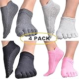 Beurlike Women's Yoga Socks Full Toe Grips No Slip Skid Barre Pilates Mens Socks (Black+Darkgray+Gray+Pink, 4PCS)
