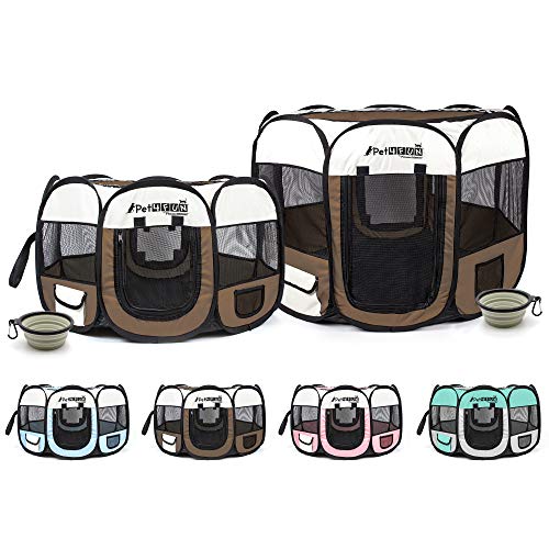 PicassoTiles PET4FUN PN935 Portable Pet Puppy Dog Cat Playpen Crates Kennel w/Water Resistant 600D Oxford, 210D Nylon, Carrying Bag, Collapsible Bowl, Removable Mesh Cover 2 Sizes