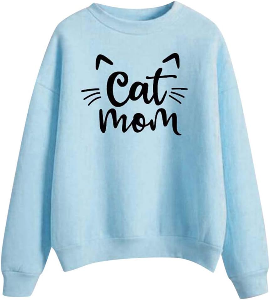 Whycat Cat Mom Sweatshirt Women, Crew Neck Lettering Sweatshirt Cat Tops Long Sleeve T-Shirt Cute School Girl Sweatshirt Jumper Tops Perfect for Fall