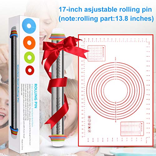 Rolling Pin,Roller for Baking with Silicon Baking Pastry Mat and Adjustable Tickness Rings, Non-Stick Mat with Measurements,Stainless Steel Rolling Pin 17 Inches for Pasta, Cookies, Pie, Pizza Dough