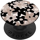 Black Beige Floral Retro Modern Boho Bohemian Flower Pattern PopSockets Adhesive PopGrip