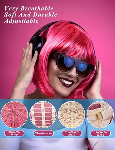 KOWVOWZ Colored Wigs, Funky Colorful Wigs, Short Bob Hair Wigs, Neon Party Wigs, Cosplay Wigs with Rimless Heart Shape Sunglasses, One Size for All Women Kids & Adults Costume Night Club(4 Pack)