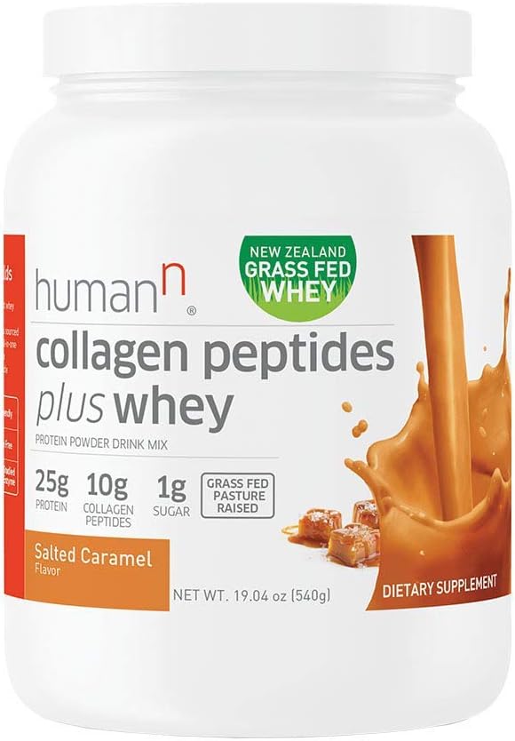 HumanN Collagen Peptides Plus Whey | Low-Carb, Grass-Fed, Pasture-Raised, 10 Grams of Collagen Peptides Plus 15 Grams of Whey Protein, Gluten Free, Soy Free, Non-GMO, Type I and III(Salted Caramel)