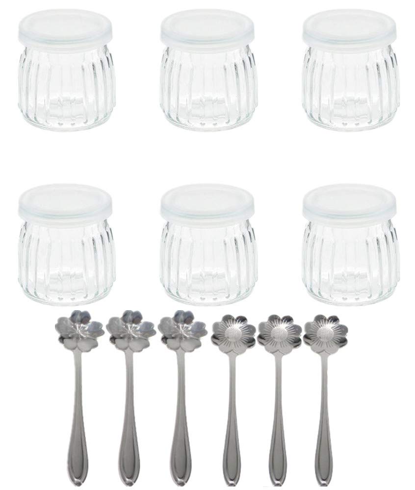 Tikwisdom Set of 6 Glass Yogurt Jars with 6 Lids and 6 Flower Shaped Dessert Spoons 200ml