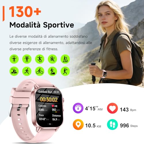 2026 Nuovo Smartwatch Donna con ECG/Pressione Sanguigna/Sonno/Acido Urico/Temperatura/HRV/Cardiofrequenzimetro/BMI/Emozioni/Fatica, 2,0"Orologio Salutare con Torcia LED/Funzione Telefono/Pulsante SOS