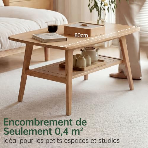 YESWOOD Solid Oak Coffee Table, Living Room Table with Storage 2 Levels, Solid Wood Coffee Table Ideal for Living Room, 80 x 50 x 44 cm, Natural Oak