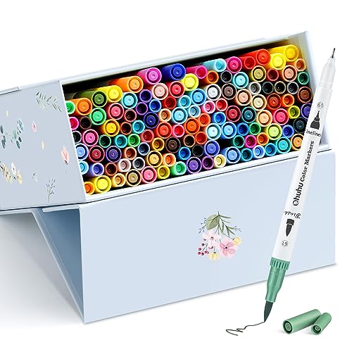Ohuhu Rotuladores para libros de colorear para adultos, sin traspaso de tinta, 120 colores, a base de agua, doble punta (delineador fino y pincel) - Maui - Blanco