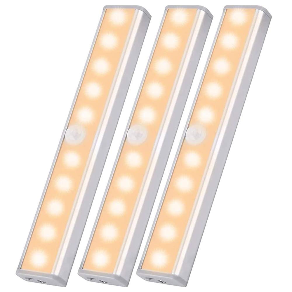 infinitoo Motion Sensor Light Bar, 10 LED Wardrobe Light Sensor Closet Lights Stick-on Anywhere Wireless Battery Operated Night Lights (3 Pack, Warm White)