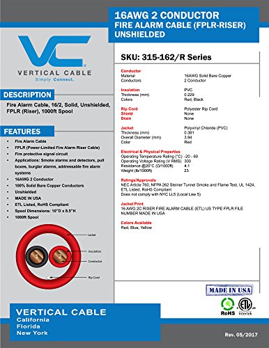 Vertical Cable Fire Alarm Cable, 16 AWG, 2 Conductor, Solid, Unshielded, FPLR (Riser), 1000ft Spool, Red - Made in USA