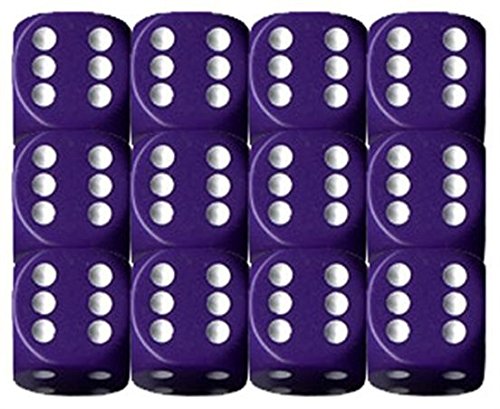 Chessex Dice d6 Sets: Opaque Purple with White - 16mm Six Sided Die (12) Block of Dice