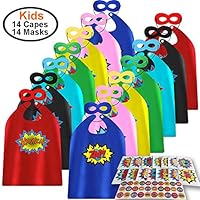 ADJOY Child Super Hero Capes and Masks 14 Sets Pack with Superhero Stickers - Superhero Themed Birthday Party Dress Up Capes