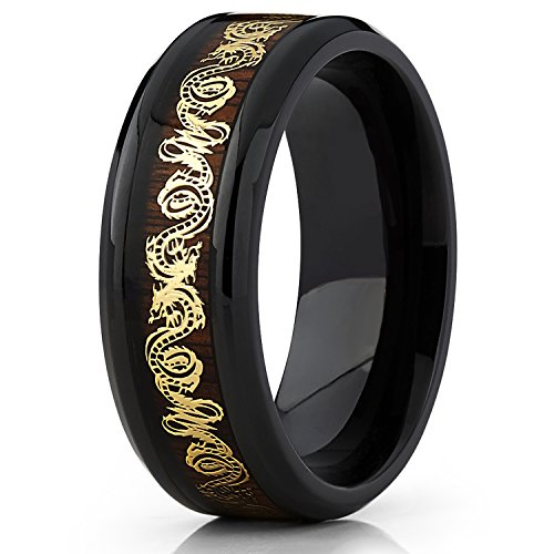 Metal Masters Co. Men's Black Titanium Wedding Band Ring with Goldtone Dragon Inlay Over Real Wood