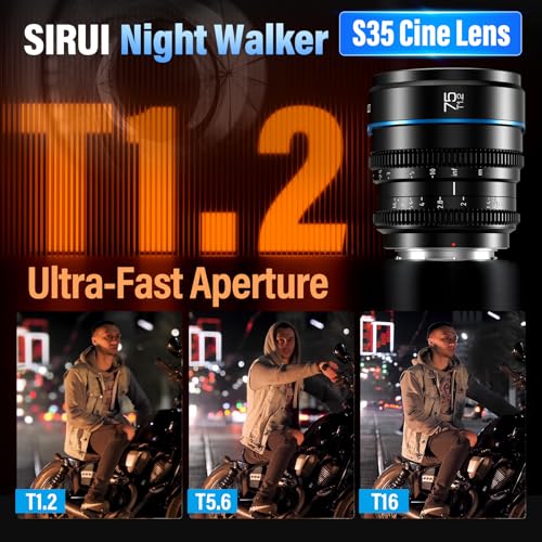 SIRUI Night Walker 75mm T1.2 S35 Cine Lens, Manual Lens Fixed Focal Lens, Compact and Lightweight, Vlogging, Portrait, for X Mount, X-T3, X-T5, X-T20, X-T30II, X-S10, X-S20, Black