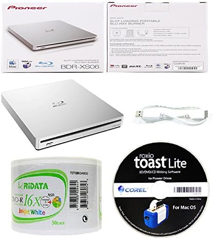 Pioneer 6x BDR-XS06 Slim Slot Portable External Blu-ray BDXL Burner, Roxio Toast Lite Software and USB Cable Bundle with 50pk DVD-R RiDATA White Inkjet Printable