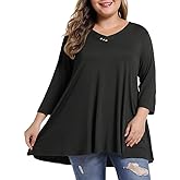 MONNURO Womens Plus Size 3/4 Sleeve V Neck Button Casual Loose Flowy Swing Tunic Tops Basic Tee Shirts for Leggings