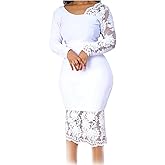 Cololura Women Elegant Floral Lace Patchwork Long Sleeve Evening Gown Party Cocktail Bodycon Dress
