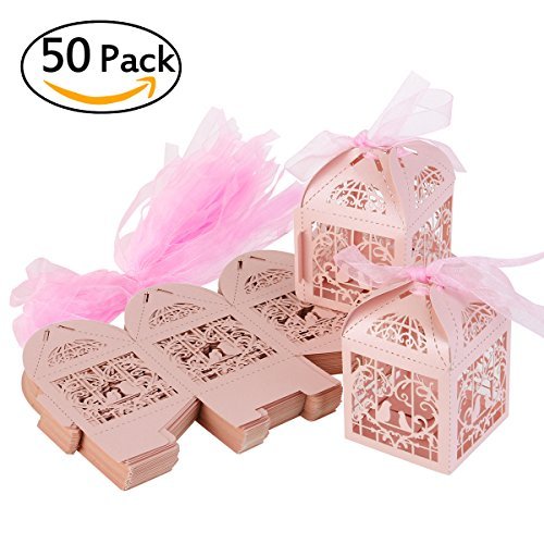 ULTNICE 50pcs Hollow Wedding Favor Candy Chocolate Gift Boxes with Ribbons for Wedding Engagement Party Pink