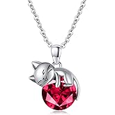 LONAGO Cat Necklace with Birthstone 925 Sterling Silver Cat Pendant Necklace Gift for Women