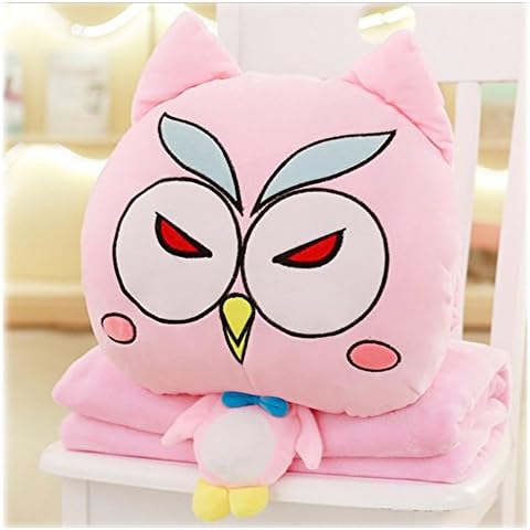 3 In 1 Cute Smiley Face Pillow Cartoon Plush Stuffed Animal Toys Owl Throw Pillow Blanket Set with Hand Warmer Design (Pink Angry)
