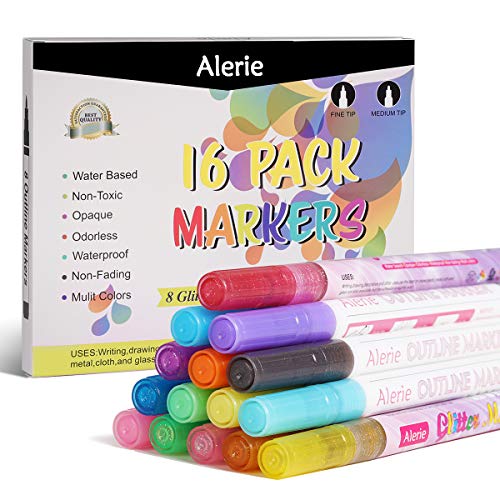 Glitter Paint Markers, 16 Pack Glitter Markers and Double Line Outline