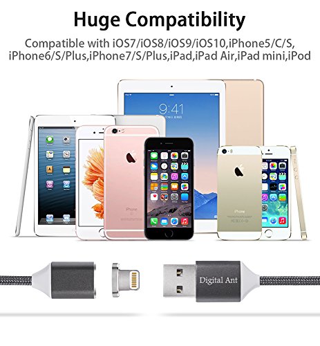 Digital Ant Gen3 Nylon Braided Super Magnetic Charging and Data Transfer Cable for i-Product. Magnetic Charging Cable or Magnetic Charging Cord for iPhone and iPad. (3.3 Feet-Gray-Twin Pack)