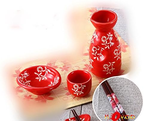 Japanese Sushi And Sake Set with Chopsticks, sauce bowls Red