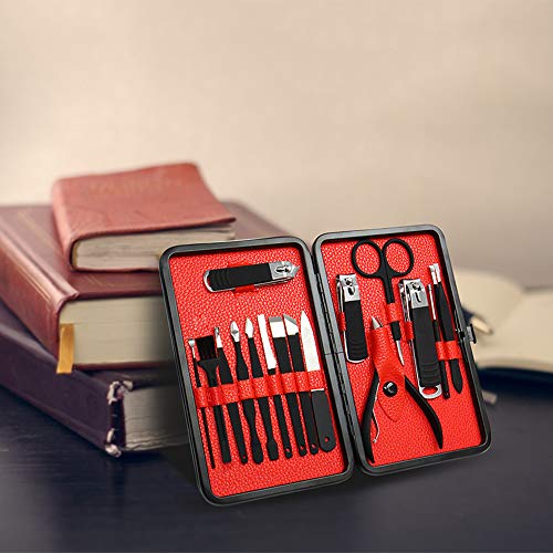 Mens Manicure Set - Mifine 16 In 1 Rubber Plastic Stainless Steel Professional Pedicure Kit Nail Clippers Upgrade Grooming Kit with Black Leather Travel Case Third Generation(Red)