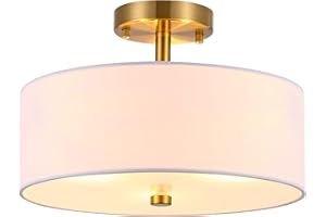 Ludil 3-Light Semi Flush Mount Ceiling Light Fixture, 13" Gold Drum Light Fixture, Modern Close to Ceiling Light with White Fabric Shade Lamps for Bedroom Living Dining Room Kitchen Hallway Entryway