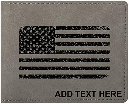Personalized Engraved American Flag Grunge Synthetic Leather Bifold Wallet, Gray
