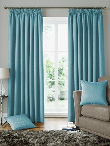 Plain woven jacquard pencil pleat top / tape top plain print duck egg blue curtains 66" x 72" (168cm x 183cm) ready made fully lined curtains solitaire