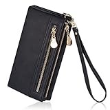 Augur Women's Matte Leather Wristlet Clutch Wallet with Wrist Strap Card Holder Evening (Black)