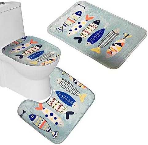 FindFine Bath Mat Set 3 piece Toilet Rug Bathroom Contour Mat Toilet Cover Blue fish 1 set 3pcs