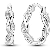Parmuz 925 Sterling Silver Earrings Hoops for Women Ladies Simple Lightweight Twisted Medium Hoop Earrings With Cubic Zirconia Hypoallergenic Jewelry for Her