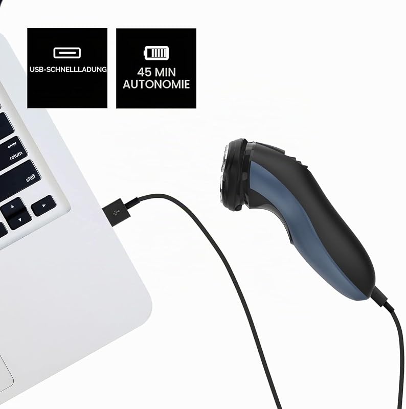 - Elektrischer Rasierer IPX7, USB, 45 Min, Schwenkköpfe