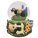 Labrador Puppies Playing in Flowers Glass Musical Snow Globe Plays Song That's What Friends Are For