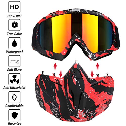 PiscatorZone Motorcycle Goggles Mask, Tactical Glasses with Detachable Mask Adjustable Windproof Outdoor Paintball Airsoft Mask Face Shield for Kids Men Women