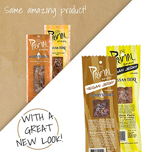 Primal Spirit Vegan Jerky - Soy Protein Energy Pack, 10 g. Plant Based Protein, Certified Non-GMO, No Preservatives, Sports Friendly Packaging The Classics Hickory Smoked and Texas BBQ (24-Pack, 1 oz)