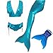 Xiongyi® Girls Sparkle Mermaid Tail with Mono Fin Swimmable Swimwear 4pcs Set