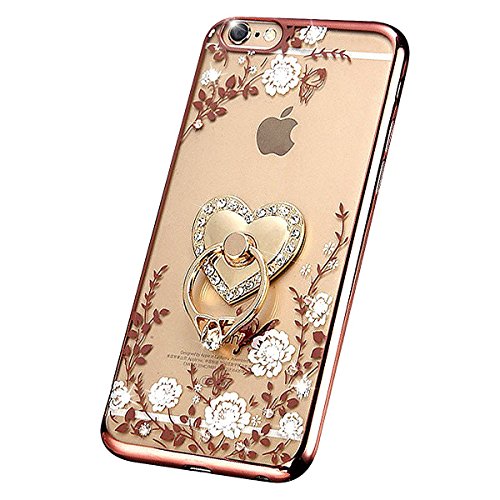 IKASEFU Luxury Bling[White Flower+Love Heart Ring Support]Rose Gold Frame Rhinestone Transparent Clear Case Cover for iPhone 7 Plus 5.5