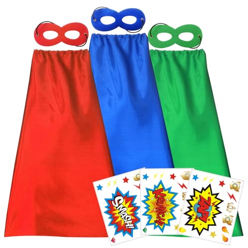 ADJOY Superhero Capes and Masks for Kids with Decorative Stickers - Superhero Birthday Party Dress Up Costume - Red Green Blue - 3 Sets